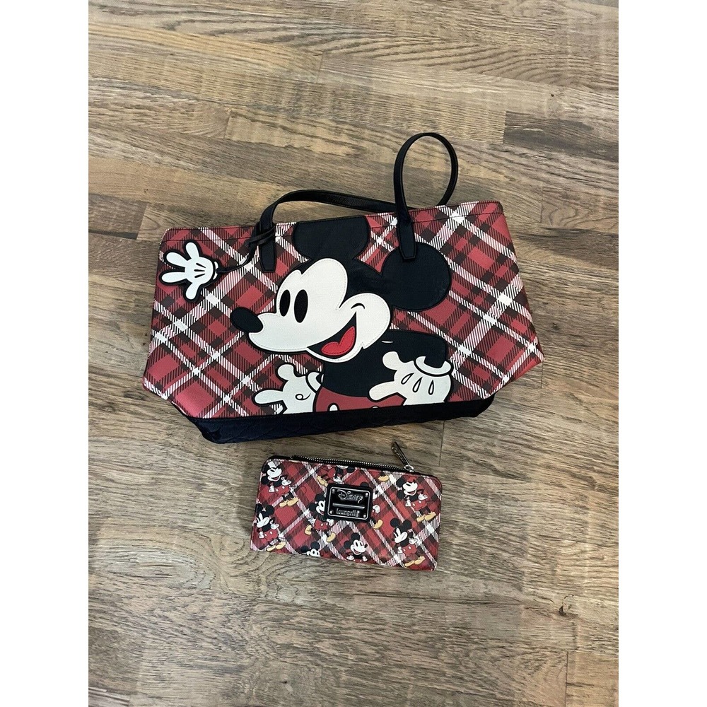 Disney Loungefly Mickey Mouse Tote Bag Handbag Red Black Plaid Print with Wallet